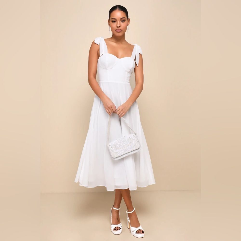 Lulus Sophisticated Charisma White Tie-Strap A-Line Midi Dress